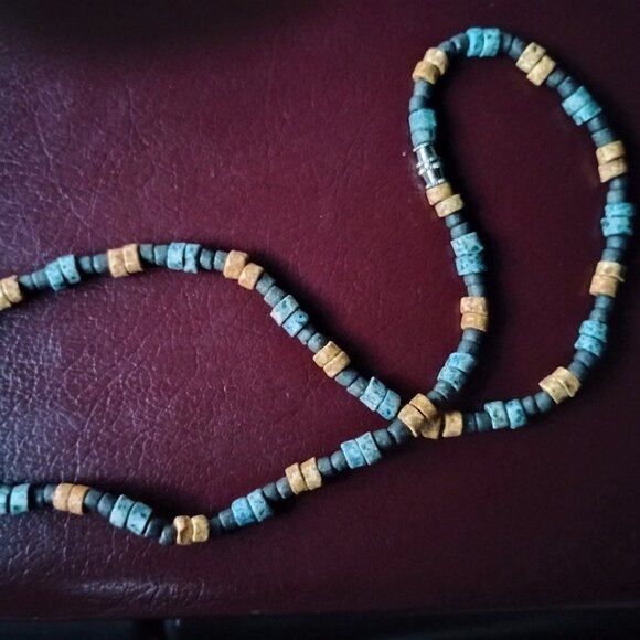Necklace Blue-Tan-Black Beads Mix Media of Lava Stones Acrylic Screwing Closure - Picture 2 of 5